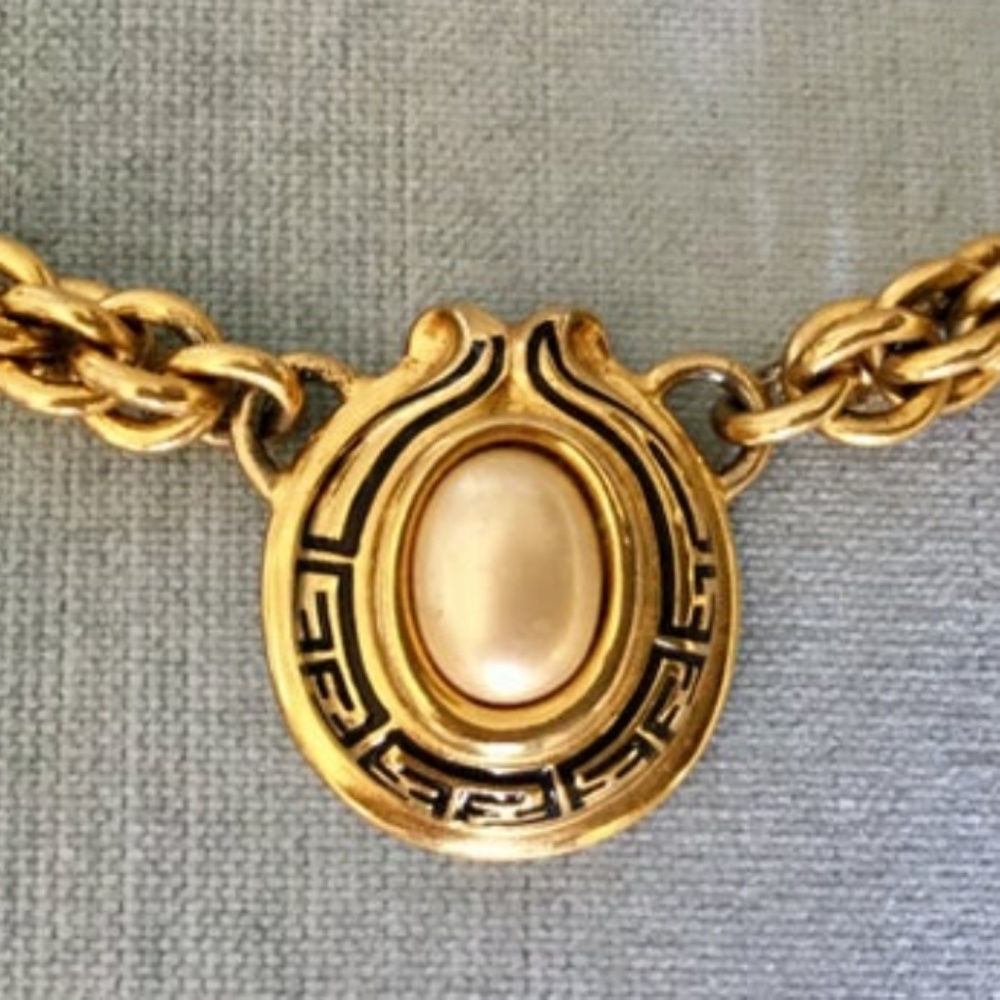 FENDI Signed Art Deco Charm PEARL NECKLACE